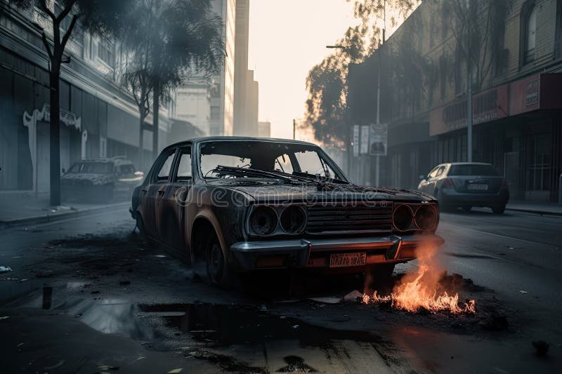 Auto distrutta in una città deserta, circondata da fumo e fiamme illustrazione vettoriale