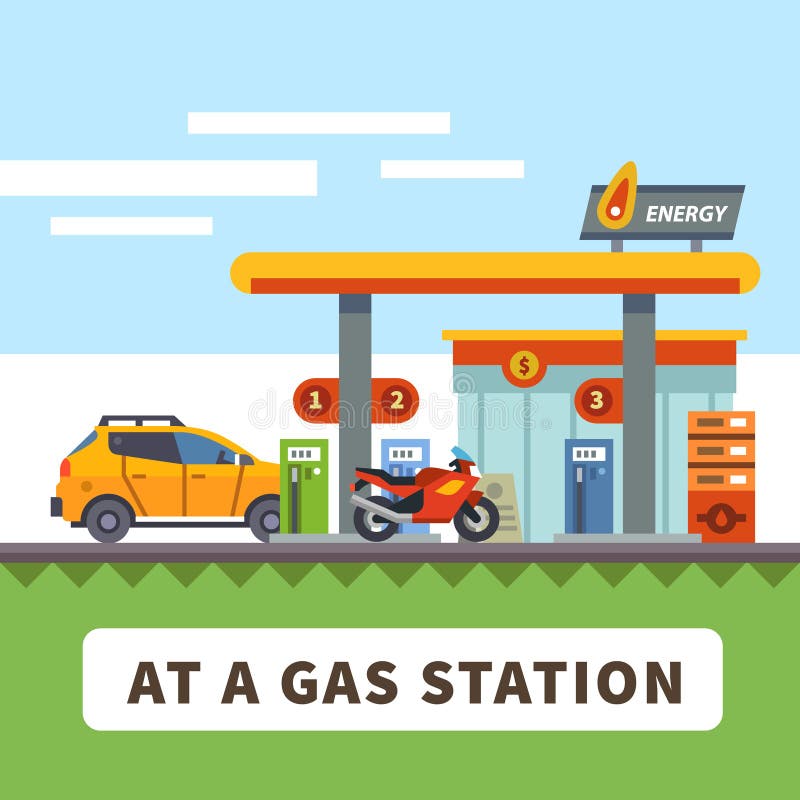 Car and motorcycle at a gas station. Urban landscape. Vector flat illustration. Car and motorcycle at a gas station. Urban landscape. Vector flat illustration