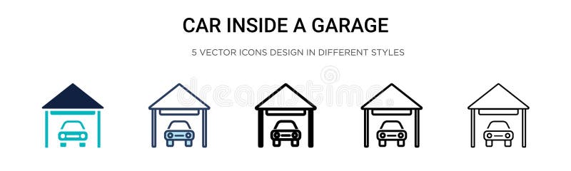 Auto innerhalb einer Garagenikone in gefüllter Thin Linie Design und Anschlagart. Vektorillustration zwei farbigen und schwarzen A lizenzfreie abbildung