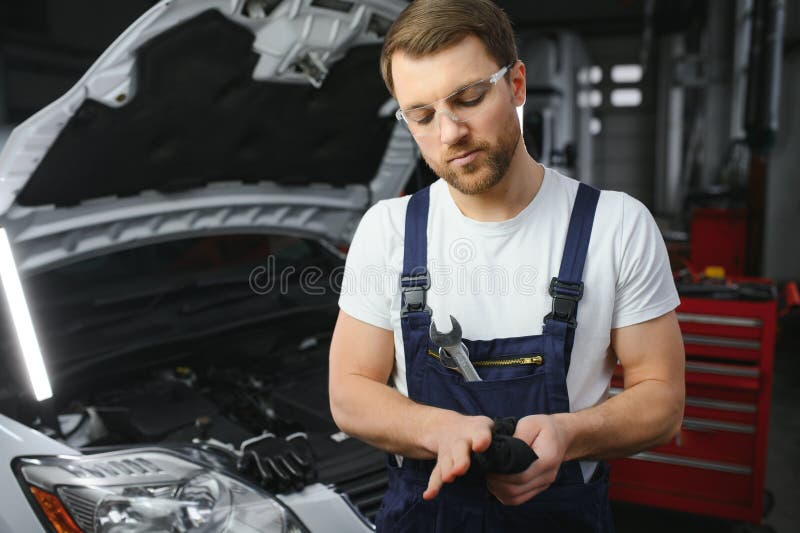 Auto Mechanic Working on Car Engine in Mechanics Garage. Repair Service