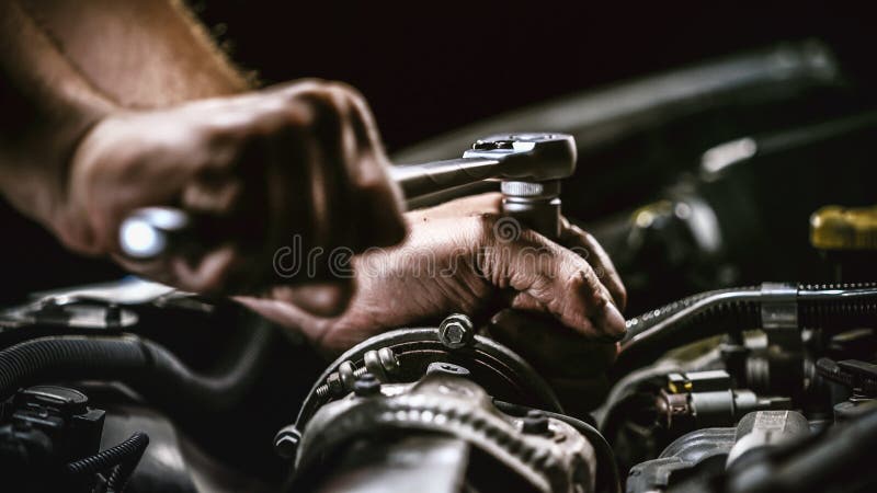 Auto mechanic working on car engine in mechanics garage. Repair service