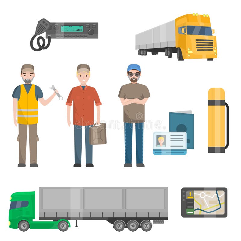 Auto Mechanics, Trucker, Cargo Trailer Truck, Road Attributes Set Vector Illustration on White Background.