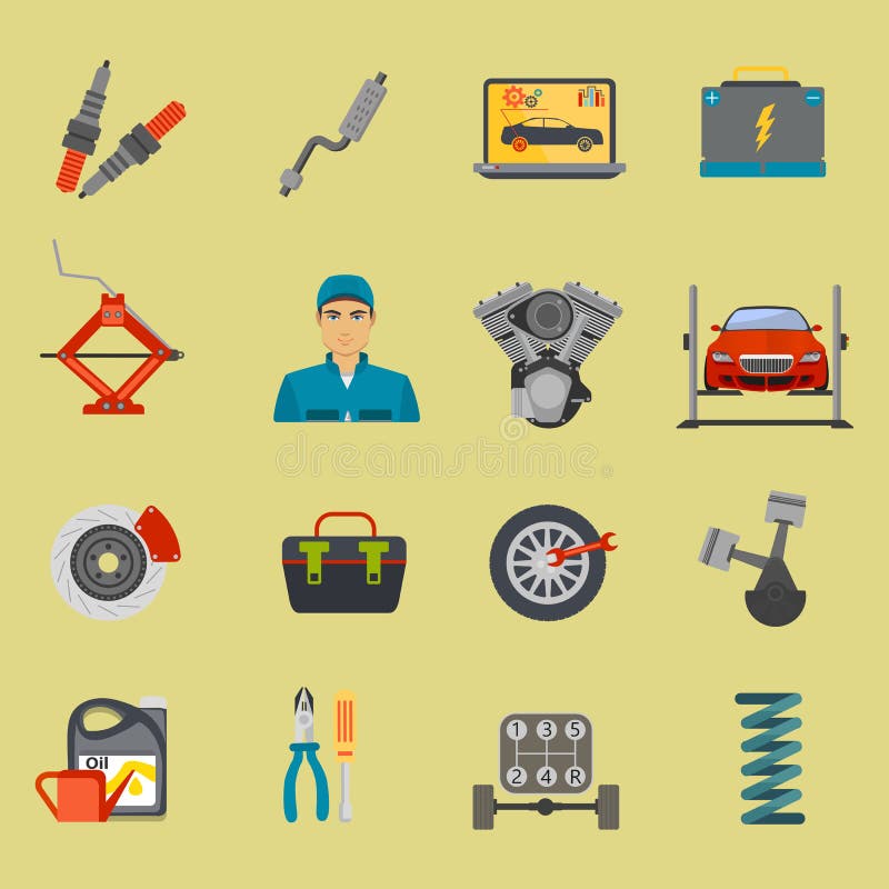 Auto mechanika usługowego mieszkania ikony samochodowy remontowy set royalty ilustracja Auto mechanika usługowego mieszkania ikony samochodowy remontowy set royalty ilustracja