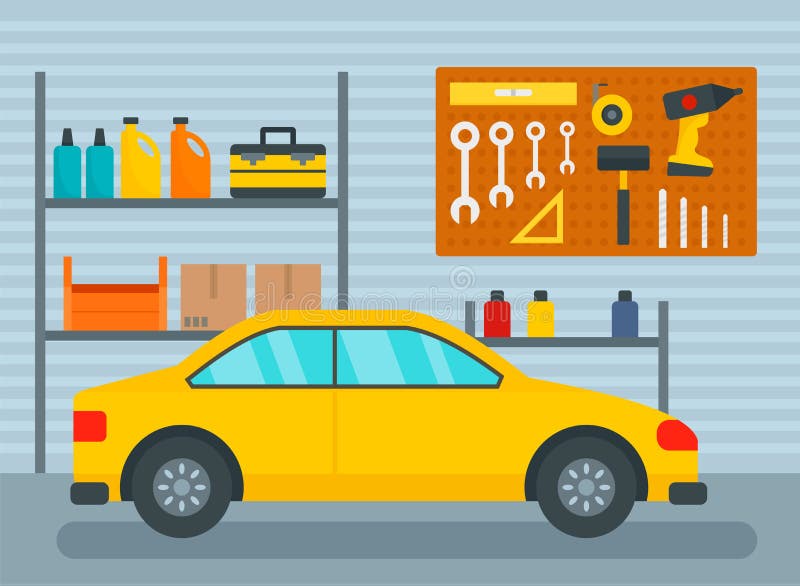 Auto op de achtergrond van de huisgarage, vlakke stijl royalty-vrije illustratie Auto op de achtergrond van de huisgarage, vlakke stijl royalty-vrije illustratie