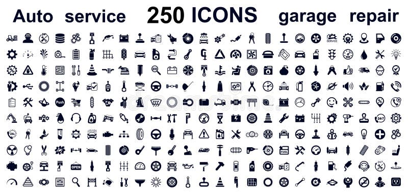 Auto service, car garage 250 isolated icons set - vector royalty free illustration