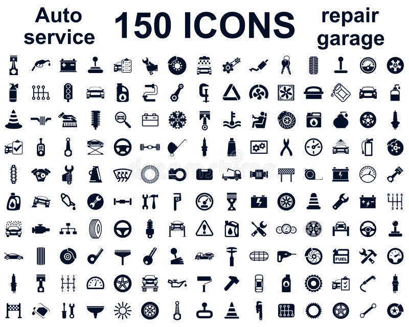 Auto service, car garage 150 isolated icons set - vector