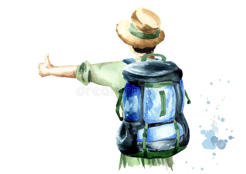 Auto-stoppeuse de fille dans un chemisier vert et un chapeau de paille avec un sac à dos sur ses épaules se tenant avec elle de n illustration stock Auto-stoppeuse de fille dans un chemisier vert et un chapeau de paille avec un sac à dos sur ses épaules se tenant avec elle de n illustration stock