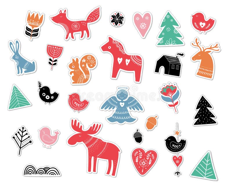Autoadesivi disegnati a mano di Natale nello stile nordico illustrazione di stock Autoadesivi disegnati a mano di Natale nello stile nordico illustrazione di stock