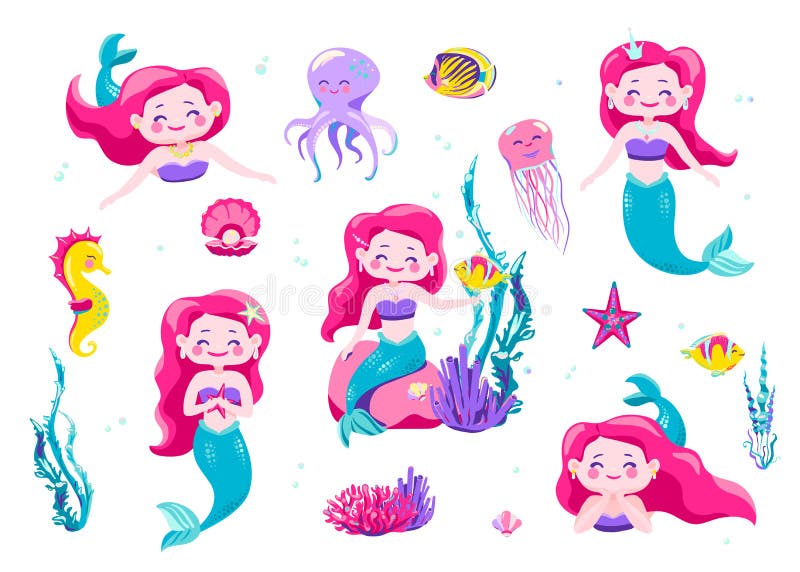 Autoadesivi svegli della sirena, piccola principessa del fumetto Illustrazione di vettore Progettazione di carattere del mare di illustrazione di stock Autoadesivi svegli della sirena, piccola principessa del fumetto Illustrazione di vettore Progettazione di carattere del mare di illustrazione di stock