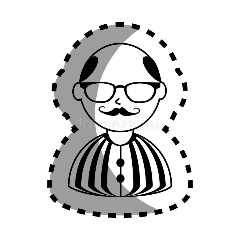 Autoadesivo con mezzo monocromio dell'uomo del corpo con i baffi ed i vetri con la camicia barrata e calva royalty illustrazione gratis