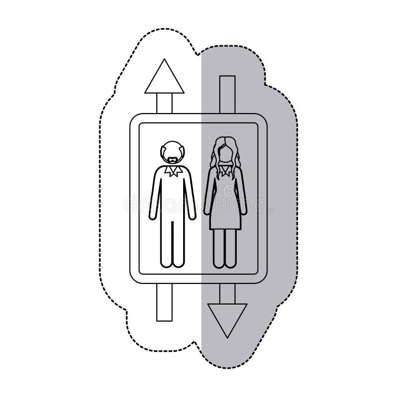 Autoadesivo monocromatico dell'ombra media con la freccia del doppio segno con l'uomo calvo con la barba e la donna con capelli l illustrazione di stock