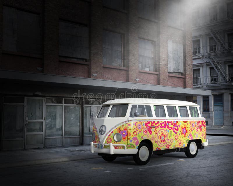 Autobus hippie de paix de VW, Van, ville image stock Autobus hippie de paix de VW, Van, ville image stock