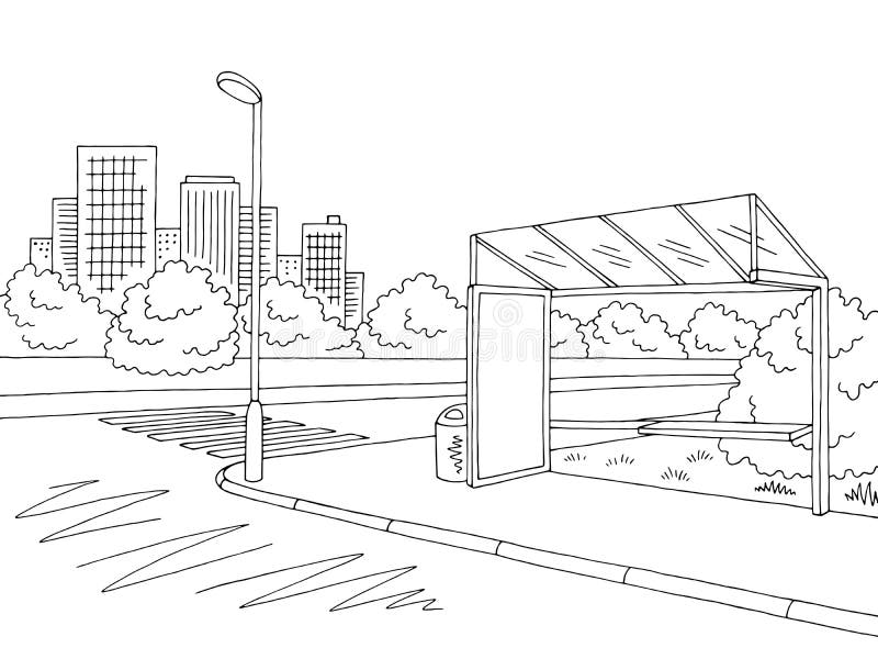 Autobusowej przerwy miasta ulicy krajobrazu nakreślenia ilustraci graficzny czarny biały wektor ilustracji Autobusowej przerwy miasta ulicy krajobrazu nakreślenia ilustraci graficzny czarny biały wektor ilustracji