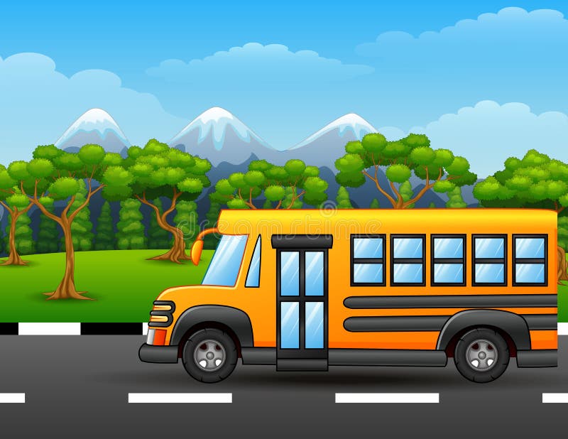 Autobús escolar amarillo en el camino con las montañas y los árboles ilustración del vector Autobús escolar amarillo en el camino con las montañas y los árboles ilustración del vector