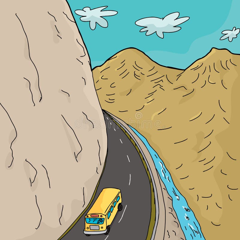 Autobús escolar en montañas ilustración del vector Autobús escolar en montañas ilustración del vector