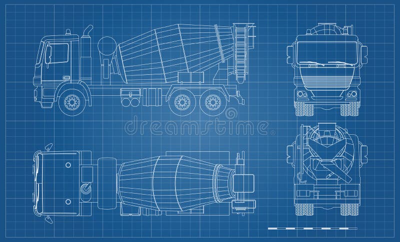 Autocarro di miscelazione in calcestruzzo. viste laterali anteriori e posteriori. progetto autocarro. disegno industriale. veicolo illustrazione vettoriale