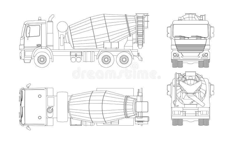 Autocarro di miscelazione in calcestruzzo. viste laterali anteriori e posteriori. progetto di autocarro isolato. disegno industria royalty illustrazione gratis