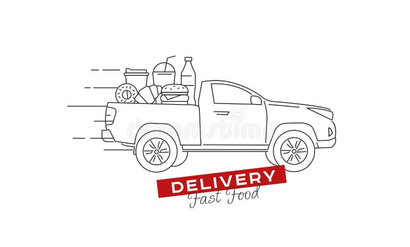 Autocarro per la consegna di cibo pieno di cibo sul pick up del camion che si sposta rapidamente verso il cliente. illustrazione v illustrazione di stock