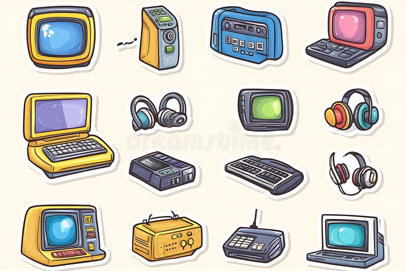 Autocolante retro-tech computere tvs audio și altele vector illustration