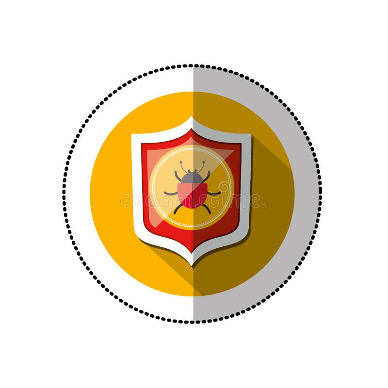 Autocollant moyen coloré d'ombre avec le cercle jaune avec le bouclier et le scarabée illustration libre de droits Autocollant moyen coloré d'ombre avec le cercle jaune avec le bouclier et le scarabée illustration libre de droits