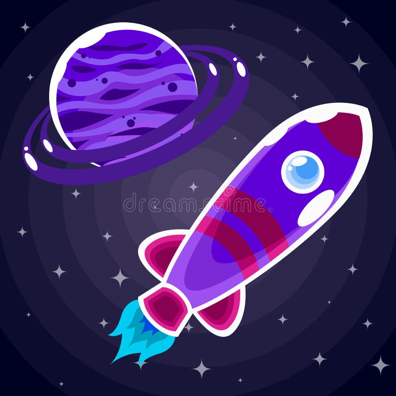 Autocollant une fusée d'espace pourpre avec un hublot qui vole après une planète pourpre illustration stock Autocollant une fusée d'espace pourpre avec un hublot qui vole après une planète pourpre illustration stock