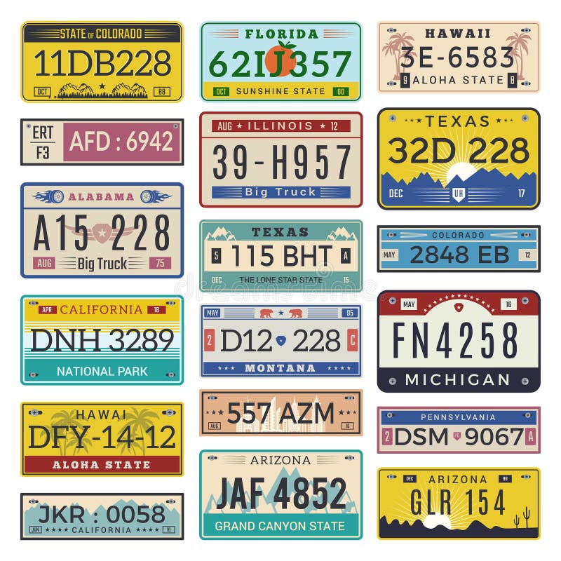 Car license plates. Automobile registration numbers vector template letters. Illustration of auto plate number, registration transport. Car license plates. Automobile registration numbers vector template letters. Illustration of auto plate number, registration transport