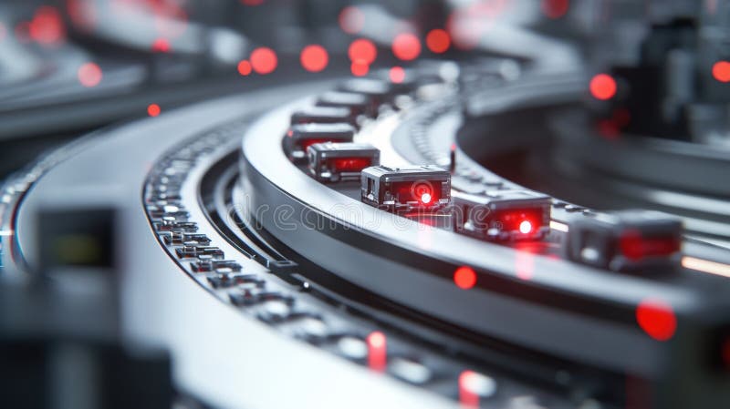 Automated assembly line moving microchips with red laser sensors royalty free illustration