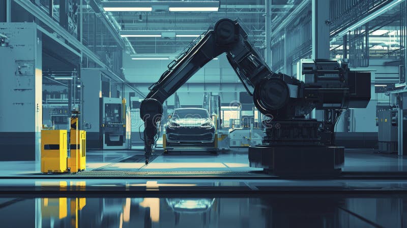 Automated assembly line with robotic arm in action royalty free illustration
