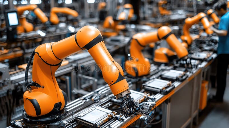 Automated assembly line with robotic arms in a modern factory stock illustration