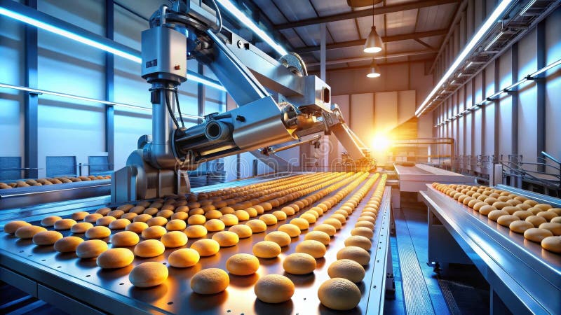 Automated bakery production line with robotic arm moving baked goods. Generative AI vector illustration