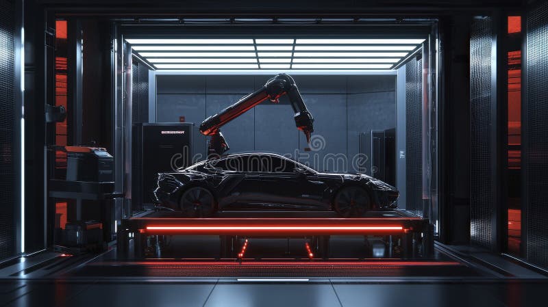 Automated car assembly in futuristic factory setting vector illustration