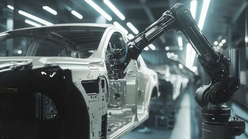 Automated car assembly line with robotic technology. A robotic arm works efficiently in a modern car assembly line, showcasing advanced automation and precision engineering in the automotive industry