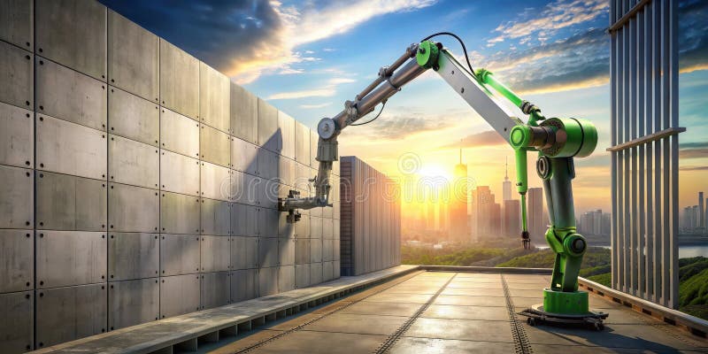 Automated construction robotic arm installing prefabricated panels on a rooftop at sunset. Generative AI vector illustration