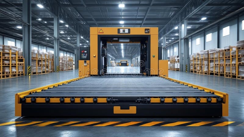 Automated conveyor system in a warehouse with an unloading machine isolated vector illustration