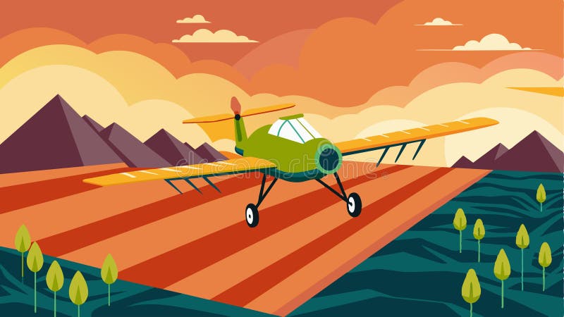 The automated crop duster zooms over a rugged terrain avoiding obstacles with its advanced obstacle avoidance system stock illustration