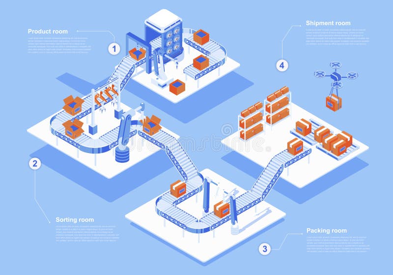 Automated industry concept 3d isometric web people scene with infographic. Robotic arms working in assembly line, sorting and royalty free illustration