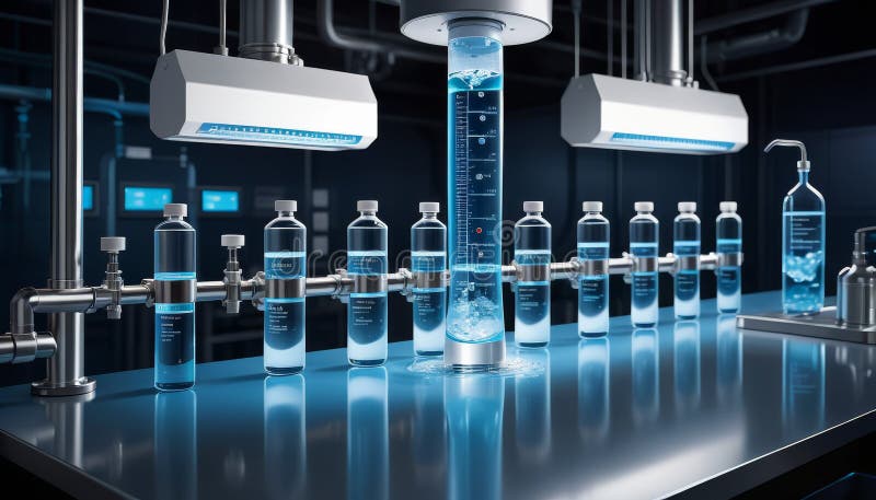 Linie automată de producție în laborator cu sticle stock images