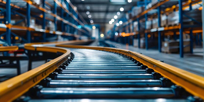 Automated logistics system using conveyor belts in an eCommerce distribution center. Concept vector illustration