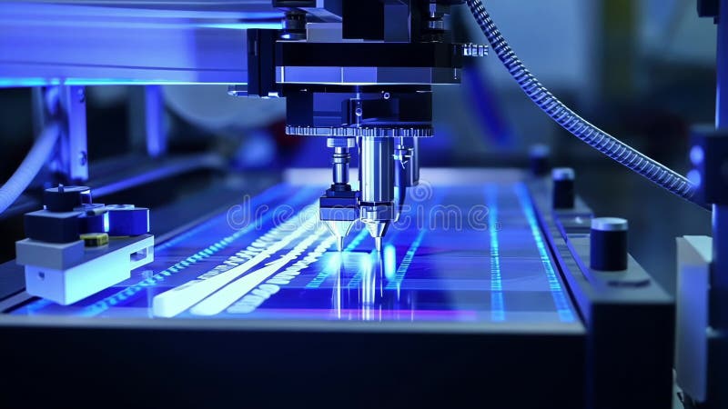 Automated machine processing microchips on production line in high tech factory vector illustration