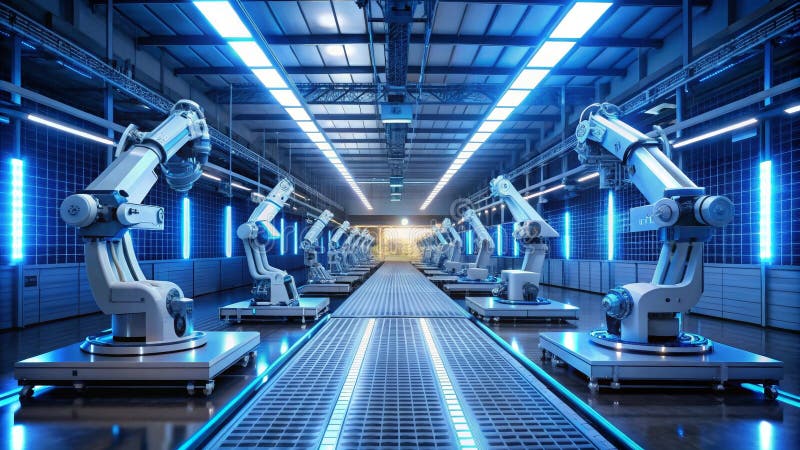 Automated manufacturing facility rows of industrial robots on a conveyor system in a high-tech factory setting. Generative AI royalty free illustration