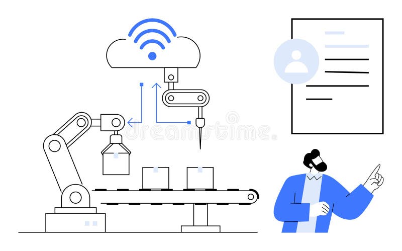 Automated manufacturing process connected to cloud technology with operator overseeing workflow stock illustration