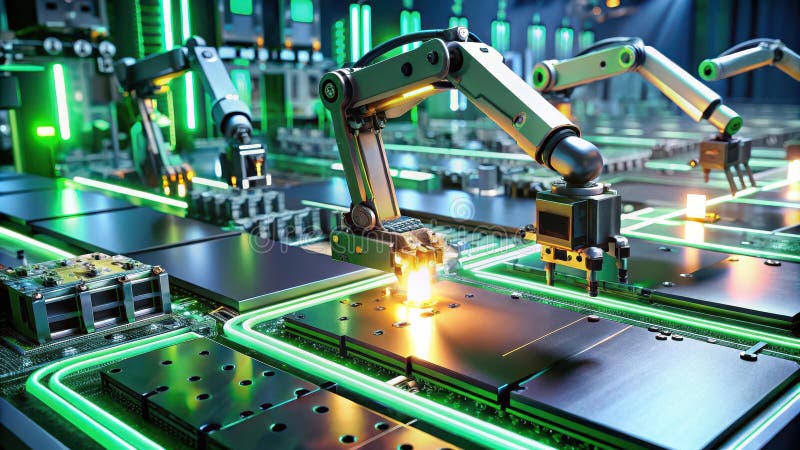 A visually captivating image of automated manufacturing robotic arms assembling circuit boards in a high-tech factory. Generative AI