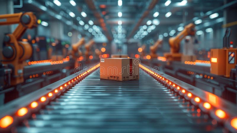 Automated package on conveyor belt in robotics factory - generative ai royalty free illustration