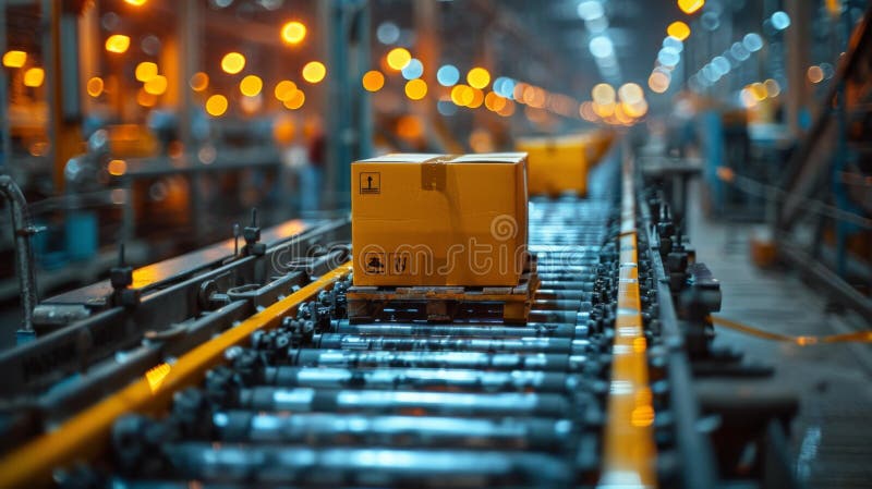 Automated package conveyor in warehouse - generative ai stock illustration