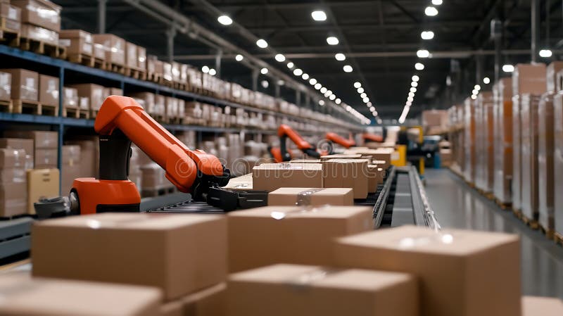 Automated packaging robots sorting and boxing products in a warehouse vector illustration