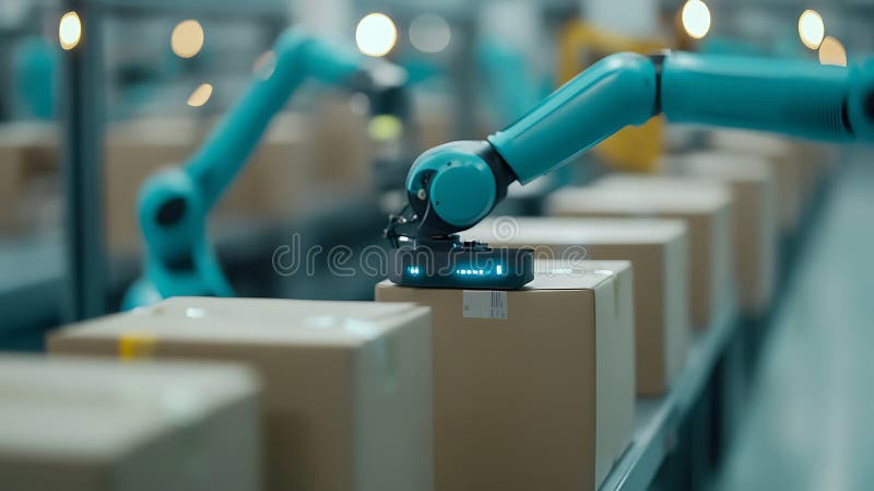 Automated packaging robots sorting and boxing products in a warehouse royalty free illustration