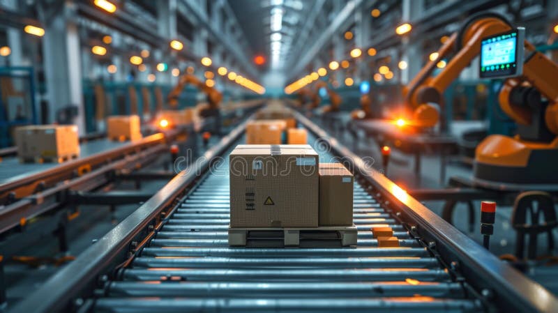 Automated packaging system in a modern warehouse - generative ai royalty free illustration