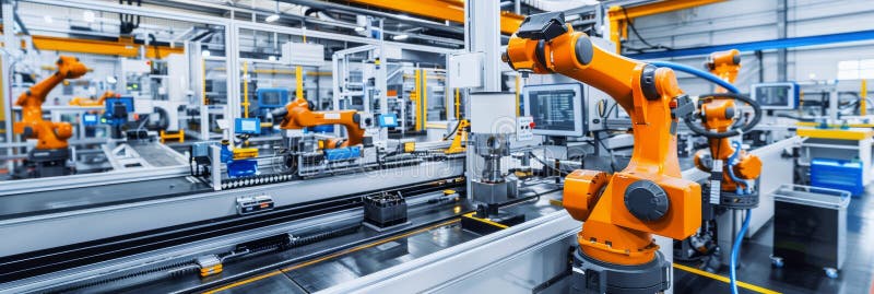 An automated plastic molding factory with robots producing and assembling plastic parts with high precision and speed royalty free illustration