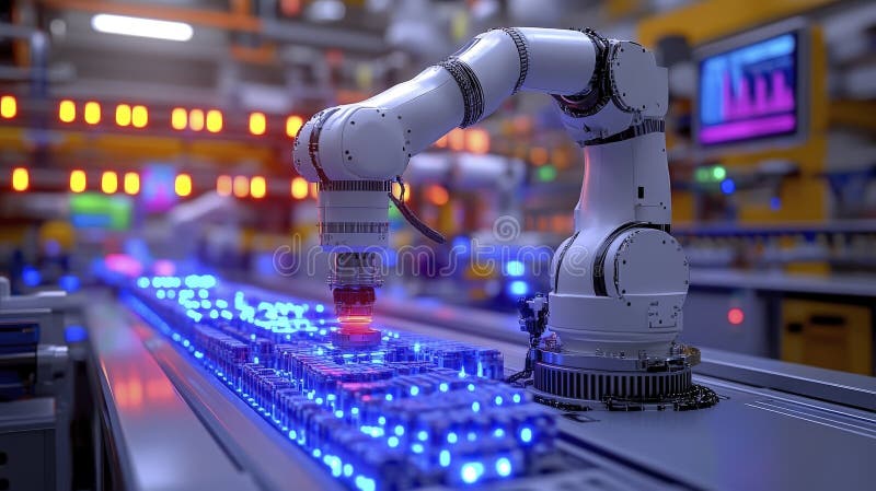 Automated Process with Red-Lit Robotic Arm stock illustration