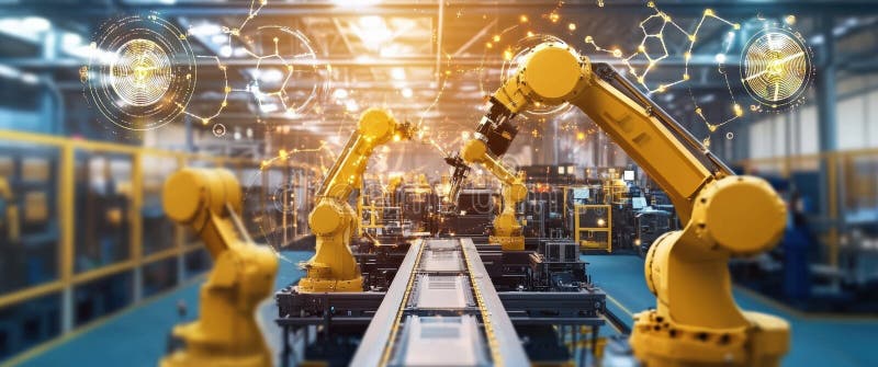 Automated Production Line with Industrial Robots vector illustration